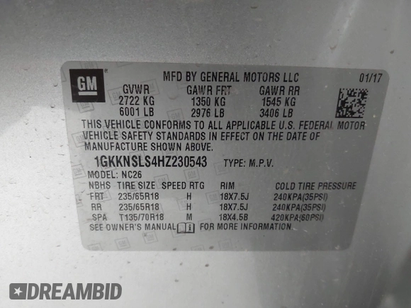 2017 GMC Acadia SLE with VIN 1GKKNSLS4HZ230543, listed as a IAAI auction lot 42473871 with 151,962 mi miles and . Bid and sale history available at DreamBid. Image 9.