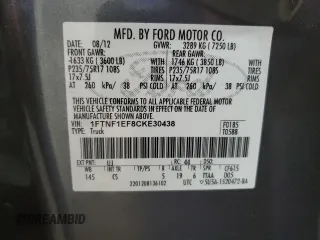 2012 Ford F-150 XL with VIN 1FTNF1EF8CKE30438, listed as a Copart auction lot 72623564 with 43,561 mi miles and Salvage title. Bid and sale history available at DreamBid. Image 12.