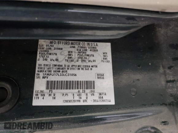 2003 Ford Expedition Eddie Bauer с VIN 1FMFU17L33LC31056, выставлен на аукционе Copart как лот 55680275 с пробегом 124 379 миль миль и Списание • Salvage title. История ставок и продаж доступна на DreamBid. Изображение 13.