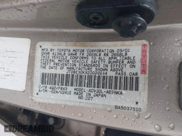 2002 Toyota Camry LE z VIN JTDBE32KX20022844, wystawiony jako IAAI lot #41392677 z przebiegiem 155 533 mil mil oraz . Historia ofert i sprzedaży dostępna na DreamBid. Obrazek 9.