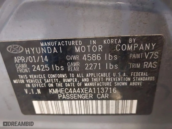 2014 Hyundai Sonata Hybrid with VIN KMHEC4A4XEA113716, listed as a IAAI auction lot 40488884 with 154,548 mi miles. Bid and sale history available at carsss.com. Image 9.