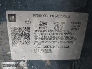 2019 Chevrolet Malibu LT with VIN 1G1ZD5ST2KF135053, listed as a IAAI auction lot 41867343 with 76,006 mi miles. Bid and sale history available at carsss.com. Image 9.