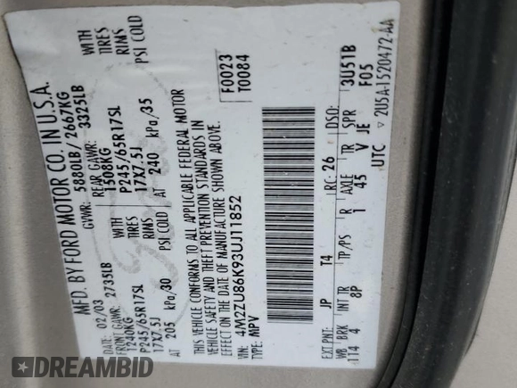 2003 Mercury Mountaineer Convenience z VIN 4M2ZU86K93UJ11852, wystawiony jako Copart lot #89218085 z przebiegiem 241 814 mil mil oraz Szkoda całkowita • Salvage title. Historia ofert i sprzedaży dostępna na DreamBid. Obrazek 15.