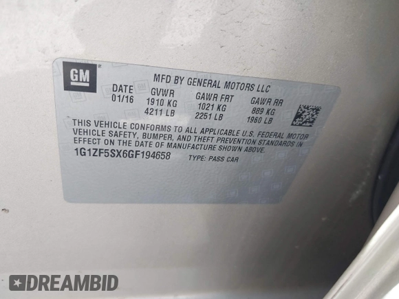 2016 Chevrolet Malibu LT with VIN 1G1ZF5SX6GF194658, listed as a IAAI auction lot 42059642 with 112,389 mi miles and . Bid and sale history available at DreamBid. Image 9.