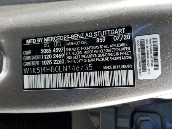 2020 Mercedes-Benz CLA 250 with VIN W1K5J4HB0LN146735, listed as a Copart auction lot 87421174 with Not provided miles and Salvage title. Bid and sale history available at DreamBid. Image 12.