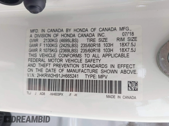 2018 Honda CR-V Touring with VIN 2HKRW2H91JH665241, listed as a IAAI auction lot 42638694 with 62,066 mi miles and . Bid and sale history available at DreamBid. Image 9.