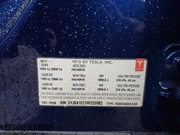 2017 Tesla Model S 100D with VIN 5YJSA1E27HF220982, listed as a IAAI auction lot 41731047 with Not Provided miles and . Bid and sale history available at DreamBid. Image 9.