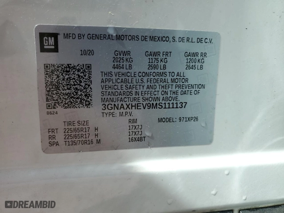 2021 Chevrolet Equinox LS with VIN 3GNAXHEV9MS111137, listed as a Copart auction lot 49422745 with 46,862 mi miles and Salvage Title. Bid and sale history available at carsss.com. Image 13.