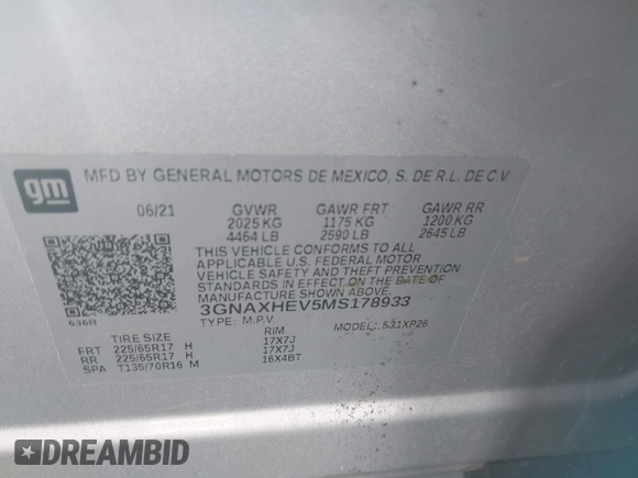 2021 Chevrolet Equinox LS with VIN 3GNAXHEV5MS178933, listed as a IAAI auction lot 41866695 with 50,000 mi miles and . Bid and sale history available at DreamBid. Image 9.