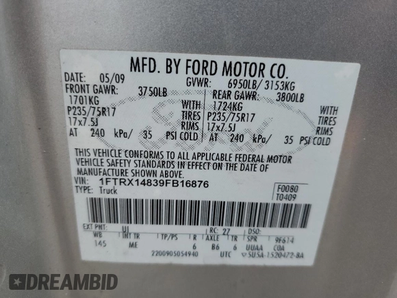 2009 Ford F-150 STX с VIN 1FTRX14839FB16876, выставлен на аукционе Copart как лот 51251245 с пробегом 151 202 миль миль и Чистый • Clean title. История ставок и продаж доступна на DreamBid. Изображение 12.