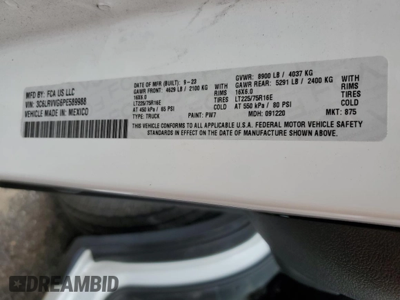 2023 Ram ProMaster Cargo with VIN 3C6LRVVG6PE589988, listed as a Copart auction lot 71645674 with 14,630 mi miles and Salvage Title. Bid and sale history available at DreamBid. Image 13.