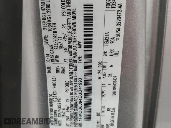 2014 Ford Escape Titanium с VIN 1FMCU0J94EUD41993, выставлен на аукционе Copart как лот 56933605 с пробегом 104 011 миль миль и Списание • Salvage title. История ставок и продаж доступна на DreamBid. Изображение 13.