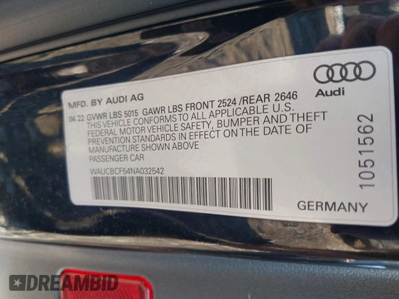 2022 Audi A5 Sportback Premium Plus z VIN WAUCBCF54NA032542, wystawiony jako IAAI lot #41227978 z przebiegiem 42 344 mil mil oraz . Historia ofert i sprzedaży dostępna na DreamBid. Obrazek 9.