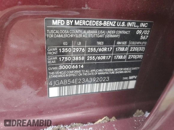 2003 Mercedes-Benz M 320 with VIN 4JGAB54E23A392023, listed as a Copart auction lot 44997015 with 139,835 mi miles and Salvage title. Bid and sale history available at DreamBid. Image 15.