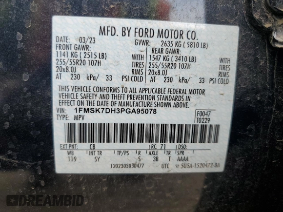 2023 Ford Explorer XLT with VIN 1FMSK7DH3PGA95078, listed as a Copart auction lot 43960065 with 20,344 mi miles and Salvage Title. Bid and sale history available at carsss.com. Image 16.