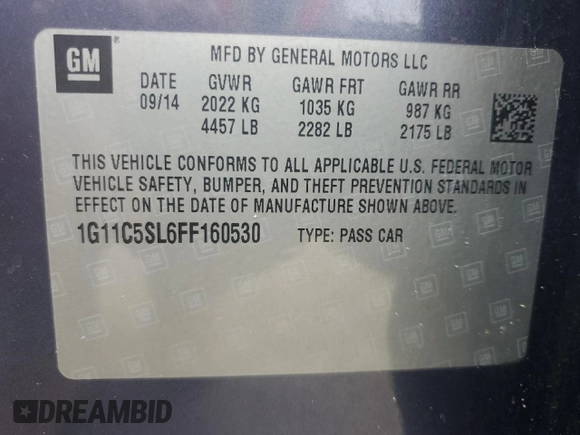 2015 Chevrolet Malibu LT with VIN 1G11C5SL6FF160530, listed as a Copart auction lot 44713515 with 133,523 mi miles and Salvage Title. Bid and sale history available at DreamBid. Image 12.