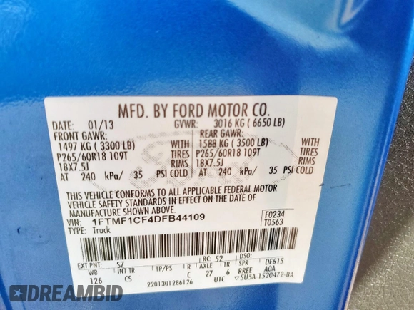 2013 Ford F-150 XL with VIN 1FTMF1CF4DFB44109, listed as a Copart auction lot 58445735 with 139,336 mi miles and Salvage title. Bid and sale history available at DreamBid. Image 12.