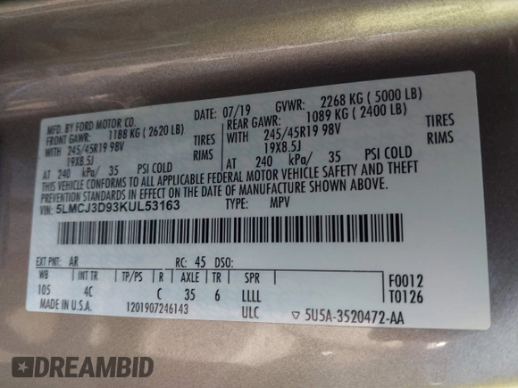 2019 Lincoln MKC Reserve with VIN 5LMCJ3D93KUL53163, listed as a IAAI auction lot 42097105 with 71,066 mi miles and . Bid and sale history available at DreamBid. Image 9.