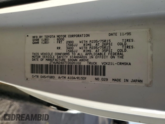 1996 Toyota T100 SR5 z VIN JT4UN24D7T0020102, wystawiony jako Copart lot #48230535 z przebiegiem 199 136 mil mil oraz Szkoda całkowita • Salvage title. Historia ofert i sprzedaży dostępna na DreamBid. Obrazek 12.