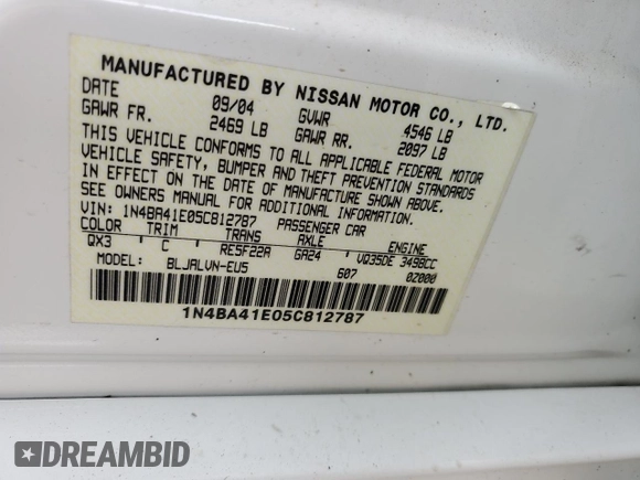 2005 Nissan Maxima SE с VIN 1N4BA41E05C812787, выставлен на аукционе Copart как лот 58996455 с пробегом 102 328 миль миль и Списание • Salvage title. История ставок и продаж доступна на DreamBid. Изображение 12.