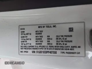 2023 Tesla Model 3 Performance z VIN 5YJ3E1EC8PF487550, wystawiony jako IAAI lot #42093712 z przebiegiem 27 305 mil mil oraz . Historia ofert i sprzedaży dostępna na DreamBid. Obrazek 9.