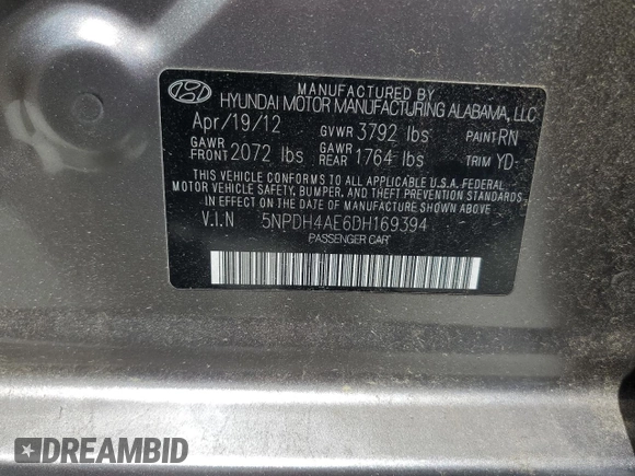 2013 Hyundai Elantra GLS with VIN 5NPDH4AE6DH169394, listed as a Copart auction lot 62767225 with 76,277 mi miles and Salvage title. Bid and sale history available at DreamBid. Image 13.