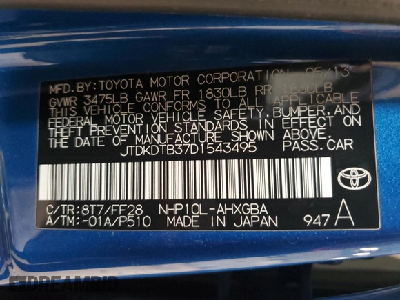 2013 Toyota Prius One with VIN JTDKDTB37D1543495, listed as a Copart auction lot 54759695 with Not Provided miles and Non Repairable. Bid and sale history available at DreamBid. Image 14.