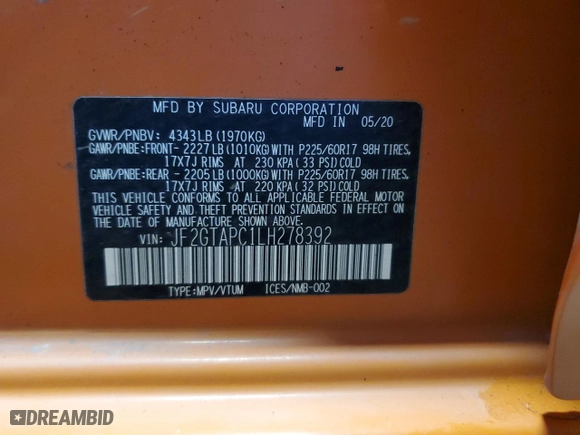 2020 Subaru Crosstrek Premium with VIN JF2GTAPC1LH278392, listed as a Copart auction lot 87400064 with 104,999 mi miles and Salvage Title. Bid and sale history available at carsss.com. Image 16.