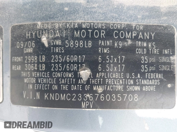 2007 Hyundai Entourage GLS with VIN KNDMC233676035708, listed as a IAAI auction lot 41904895 with 253,017 mi miles and . Bid and sale history available at DreamBid. Image 9.