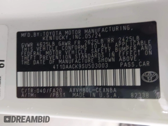 2025 Toyota Camry LE with VIN 4T1DAACK9SU503003, listed as a IAAI auction lot 41797213 with 8,208 mi miles and . Bid and sale history available at DreamBid. Image 9.
