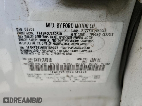 2005 Ford Five Hundred Limited with VIN 1FAHP25105G189328, listed as a Copart auction lot 77964014 with 183,988 mi miles and Salvage Title. Bid and sale history available at carsss.com. Image 14.