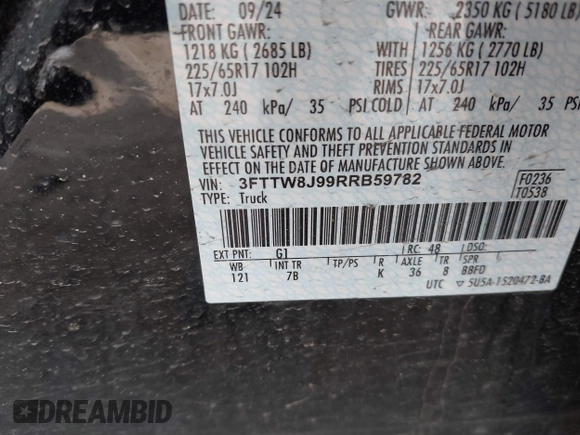 2024 Ford Maverick XLT z VIN 3FTTW8J99RRB59782, wystawiony jako IAAI lot #41838526 z przebiegiem 8 127 mil mil oraz . Historia ofert i sprzedaży dostępna na DreamBid. Obrazek 9.
