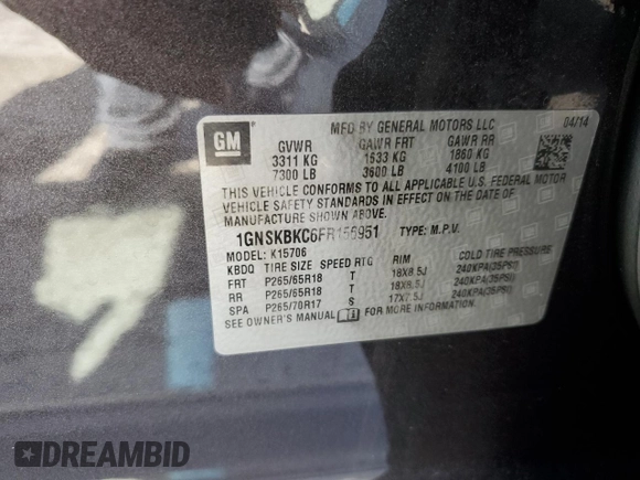2015 Chevrolet Tahoe LT z VIN 1GNSKBKC6FR156951, wystawiony jako Copart lot #54666335 z przebiegiem 156 139 mil mil oraz Szkoda całkowita • Salvage title. Historia ofert i sprzedaży dostępna na DreamBid. Obrazek 13.