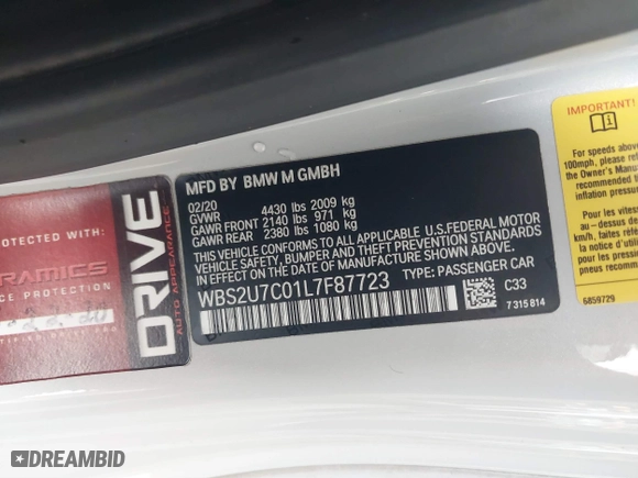 2020 BMW M2 Competition with VIN WBS2U7C01L7F87723, listed as a IAAI auction lot 40319156 with 55,309 mi miles. Bid and sale history available at carsss.com. Image 9.