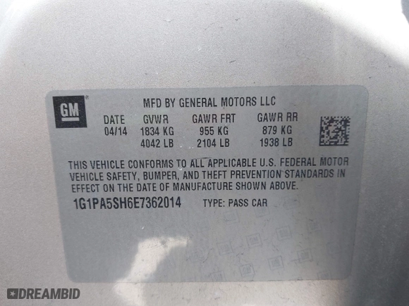 2014 Chevrolet Cruze LS with VIN 1G1PA5SH6E7362014, listed as a IAAI auction lot 41580639 with 124,085 mi miles. Bid and sale history available at carsss.com. Image 9.