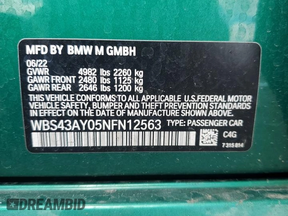 2022 BMW M3 Competition xDrive с VIN WBS43AY05NFN12563, выставлен на аукционе Copart как лот 56837075 с пробегом Не указан миль и Списание • Salvage title. История ставок и продаж доступна на DreamBid. Изображение 12.