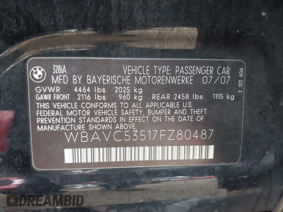 2007 BMW 3 Series 328i with VIN WBAVC53517FZ80487, listed as a IAAI auction lot 42643410 with 225,942 mi miles and . Bid and sale history available at DreamBid. Image 9.