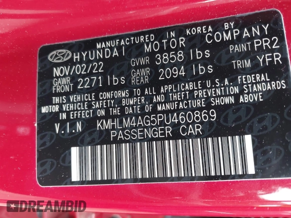 2023 Hyundai Elantra SEL with VIN KMHLM4AG5PU460869, listed as a IAAI auction lot 41909542 with 27,813 mi miles and . Bid and sale history available at DreamBid. Image 9.