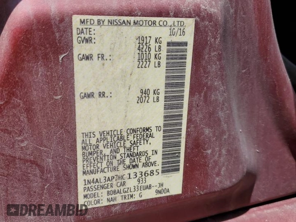 2017 Nissan Altima S with VIN 1N4AL3AP7HC133685, listed as a Copart auction lot 61977845 with 128,337 mi miles and Salvage title. Bid and sale history available at DreamBid. Image 12.