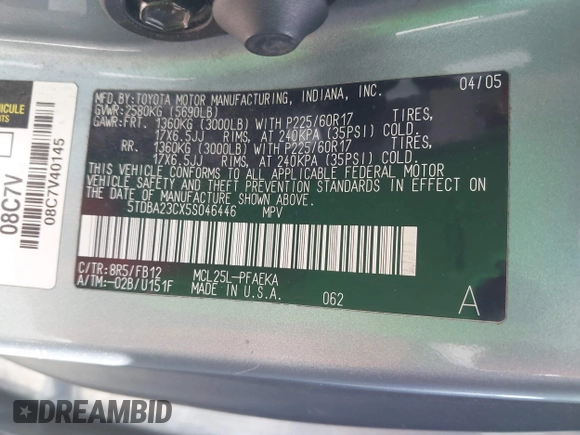 2005 Toyota Sienna LE with VIN 5TDBA23CX5S046446, listed as a IAAI auction lot 42043442 with 227,101 mi miles. Bid and sale history available at carsss.com. Image 9.