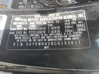 2012 Kia Sorento SX z VIN 5XYKW4A28CG193611, wystawiony jako Copart lot #57659935 z przebiegiem 203 349 mil mil oraz Szkoda całkowita • Salvage title. Historia ofert i sprzedaży dostępna na DreamBid. Obrazek 12.