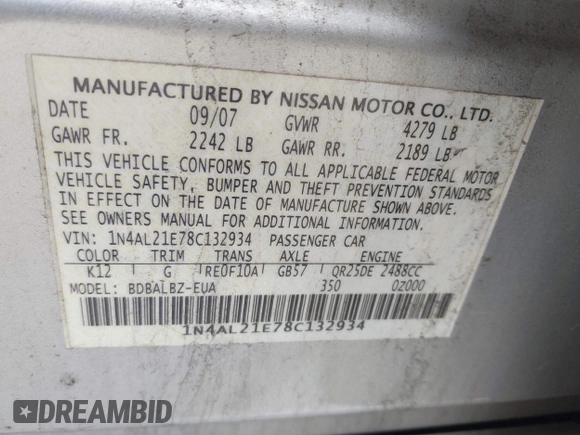 2008 Nissan Altima 2.5 S with VIN 1N4AL21E78C132934, listed as a IAAI auction lot 42085041 with 151,660 mi miles. Bid and sale history available at carsss.com. Image 9.