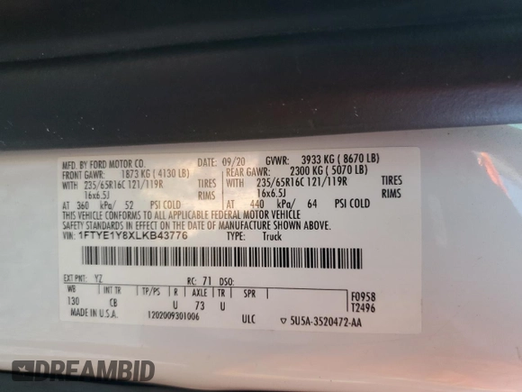 2020 Ford Transit Cargo with VIN 1FTYE1Y8XLKB43776, listed as a Copart auction lot 55830485 with 65,396 mi miles and Salvage title. Bid and sale history available at DreamBid. Image 14.