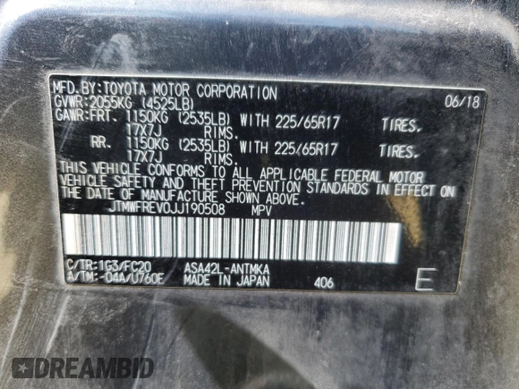 2018 Toyota RAV4 XLE with VIN JTMWFREV0JJ190508, listed as a Copart auction lot 49637125 with 120,768 mi miles and Salvage Title. Bid and sale history available at carsss.com. Image 15.