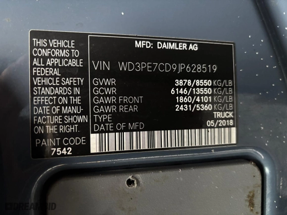 2018 Mercedes-Benz Sprinter Cargo Van Worker with VIN WD3PE7CD9JP628519, listed as a Copart auction lot 84694564 with 112,836 mi miles and Clean Title. Bid and sale history available at carsss.com. Image 10.