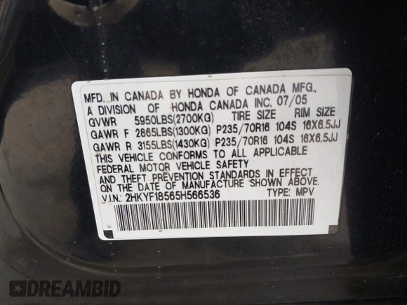 2005 Honda Pilot EX-L с VIN 2HKYF18565H566536, выставлен на аукционе IAAI как лот 42283758 с пробегом 131 630 миль миль и . История ставок и продаж доступна на DreamBid. Изображение 9.