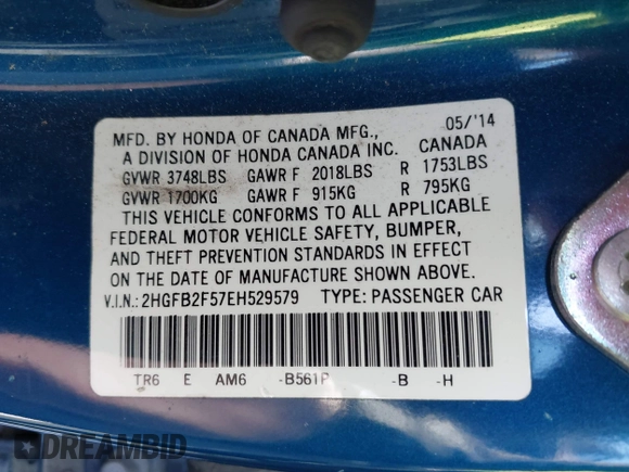 2014 Honda Civic Sedan LX with VIN 2HGFB2F57EH529579, listed as a IAAI auction lot 41732190 with 95,176 mi miles. Bid and sale history available at carsss.com. Image 9.