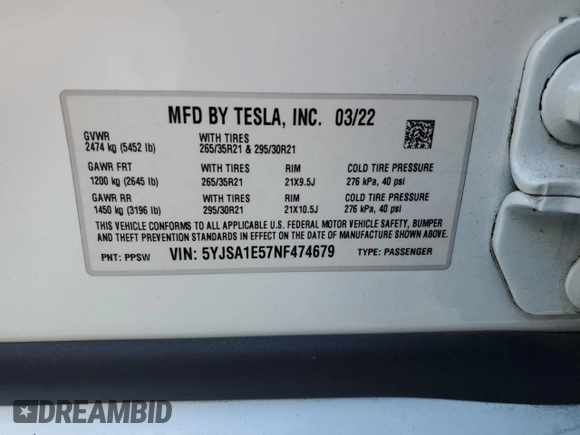 2022 Tesla Model S z VIN 5YJSA1E57NF474679, wystawiony jako Copart lot #56608285 z przebiegiem Nie podano mil oraz Szkoda całkowita • Salvage title. Historia ofert i sprzedaży dostępna na DreamBid. Obrazek 12.