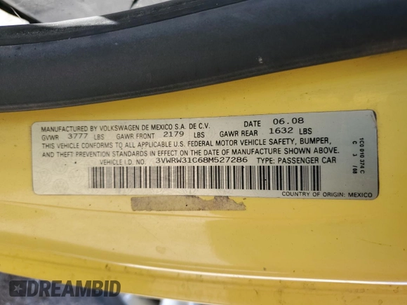 2008 Volkswagen Beetle S with VIN 3VWRW31C68M527286, listed as a Copart auction lot 52229925 with 112,582 mi miles and Clean Title. Bid and sale history available at DreamBid. Image 14.