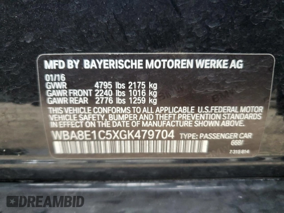 2016 BMW 3 Series 330e iPerformance with VIN WBA8E1C5XGK479704, listed as a Copart auction lot 36947783 with 80,885 mi miles. Bid and sale history available at carsss.com. Image 12.